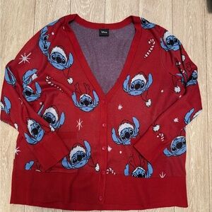 Torrid Disney Red Christmas Cardigan with Blue Stitch Pattern
